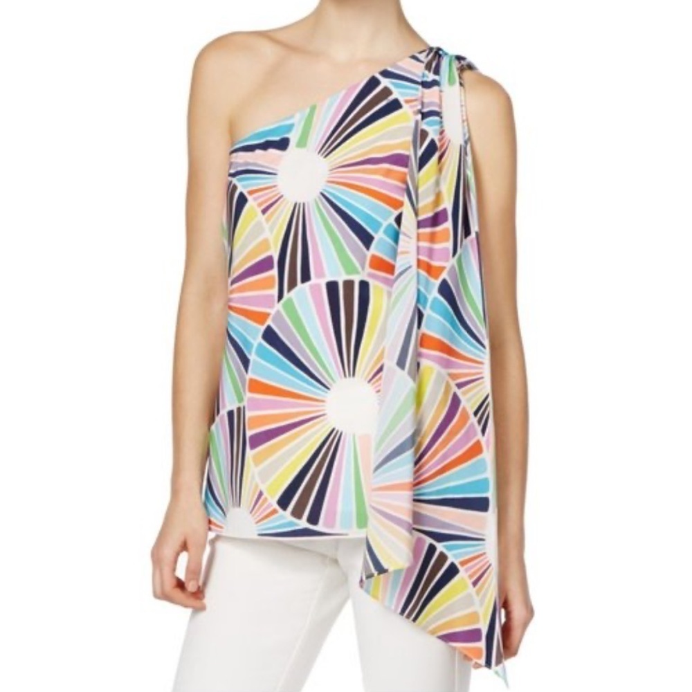 Trina Turk Ezmeralda 100% Silk One Shoulder Top Disco Resortwear Hippie